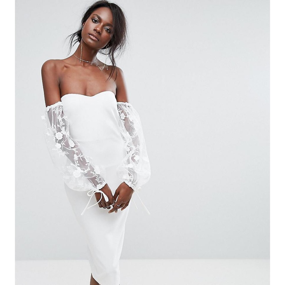 Missguided Bardot Embroidered Puff Sleeve Dress